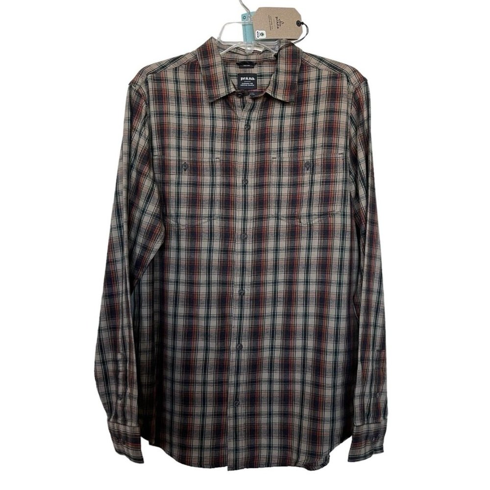 PrAna Dolberg Flannel Shirt Soft Pine Mens Small Tall ST Button Down Brown $79